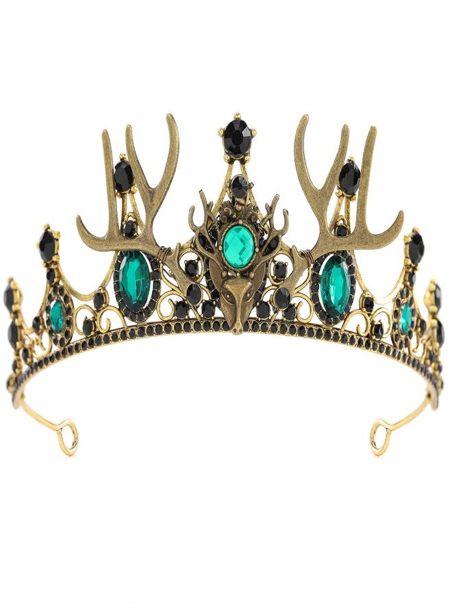 CoTeeZa Green Crown Emerald Headpiece for Women - Medieval Rhinestone Antler Crown Deer Horns Headband for Renaissance Halloween Cosplay Druid Costume Party Prom - Image 1
